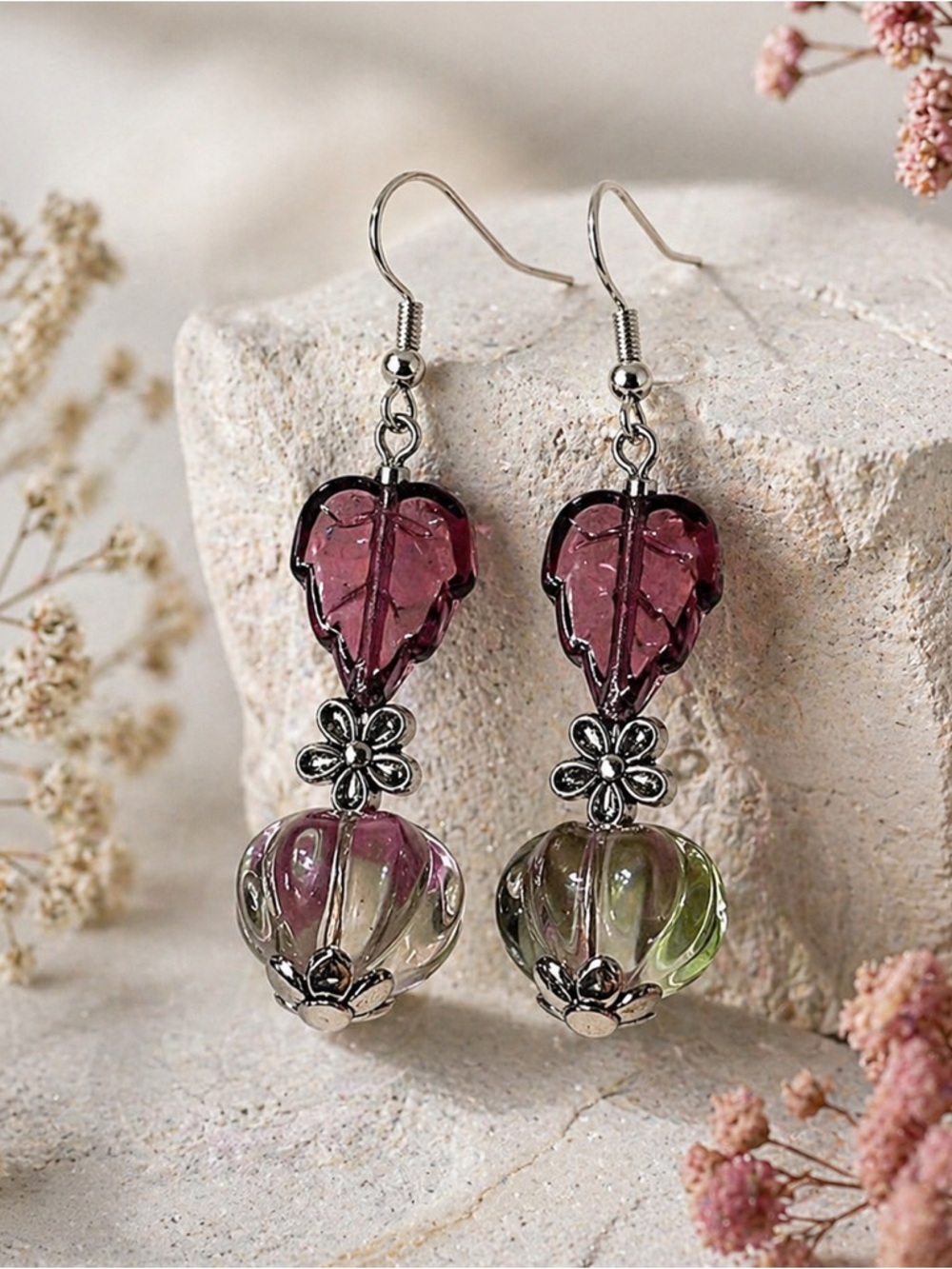 Boho Glass Leaf Earrings, Plum Leaf Mixed Glass Dangle, Artisan, Ships Free - Picture 6 of 11